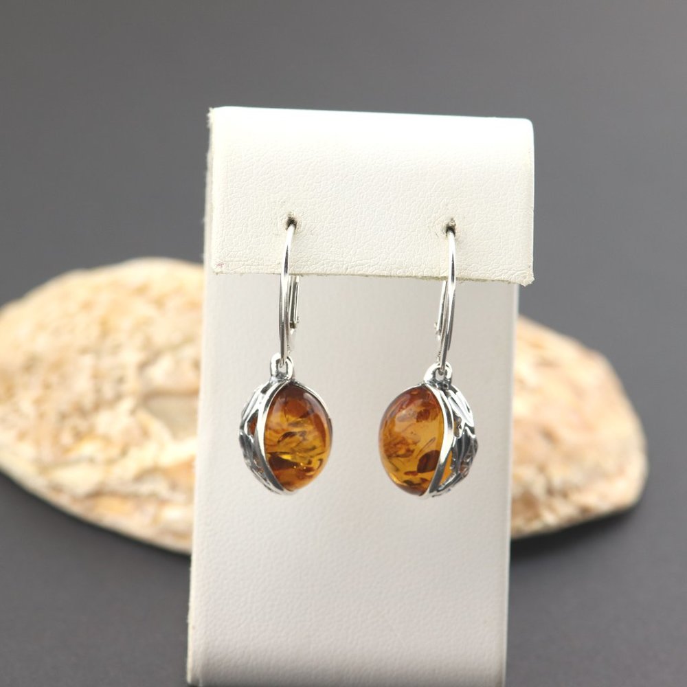 Sterling silver earrings with natural Baltic amber, amber drop earrings, dangle - Picture 10 of 14